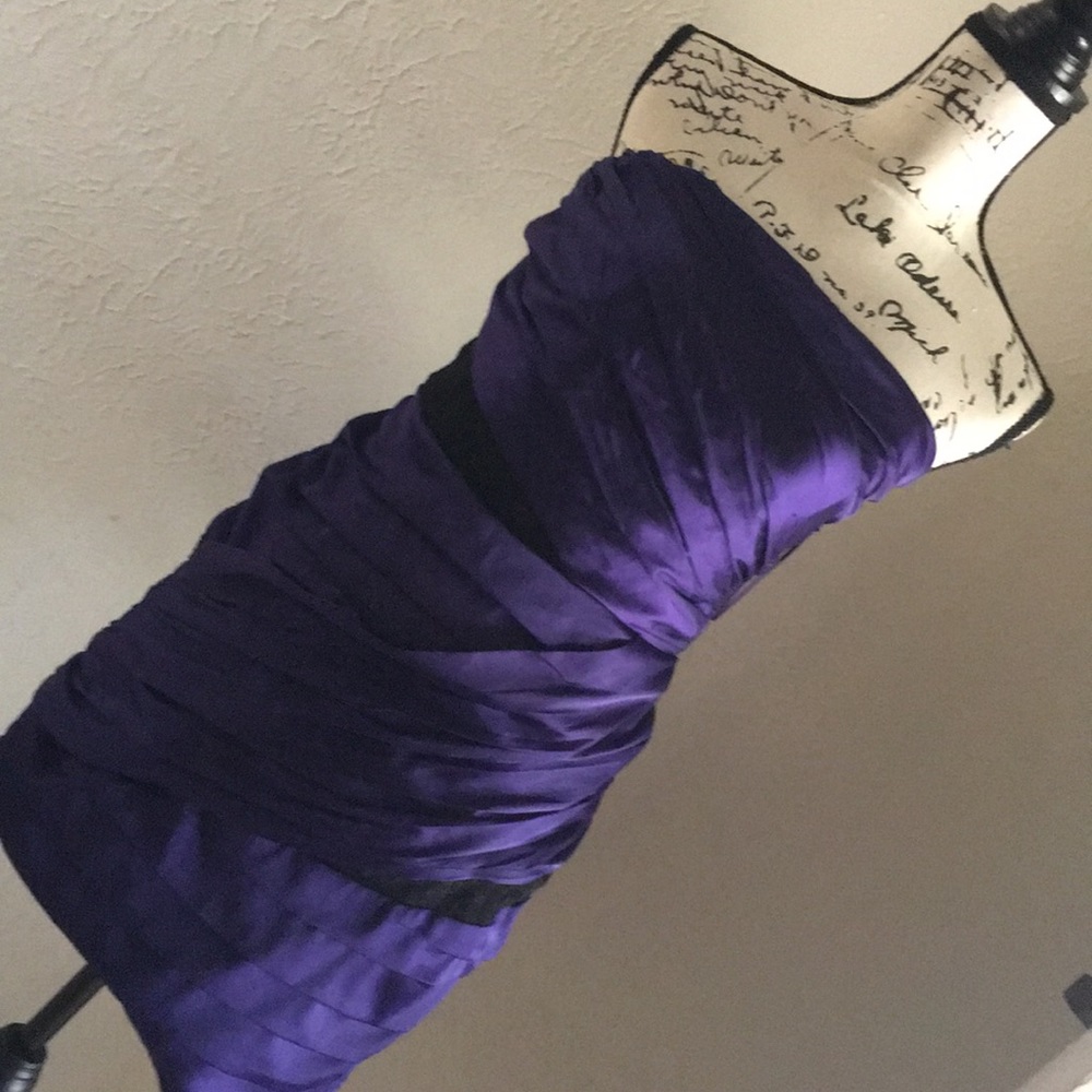 Purple party dress with black lace accent